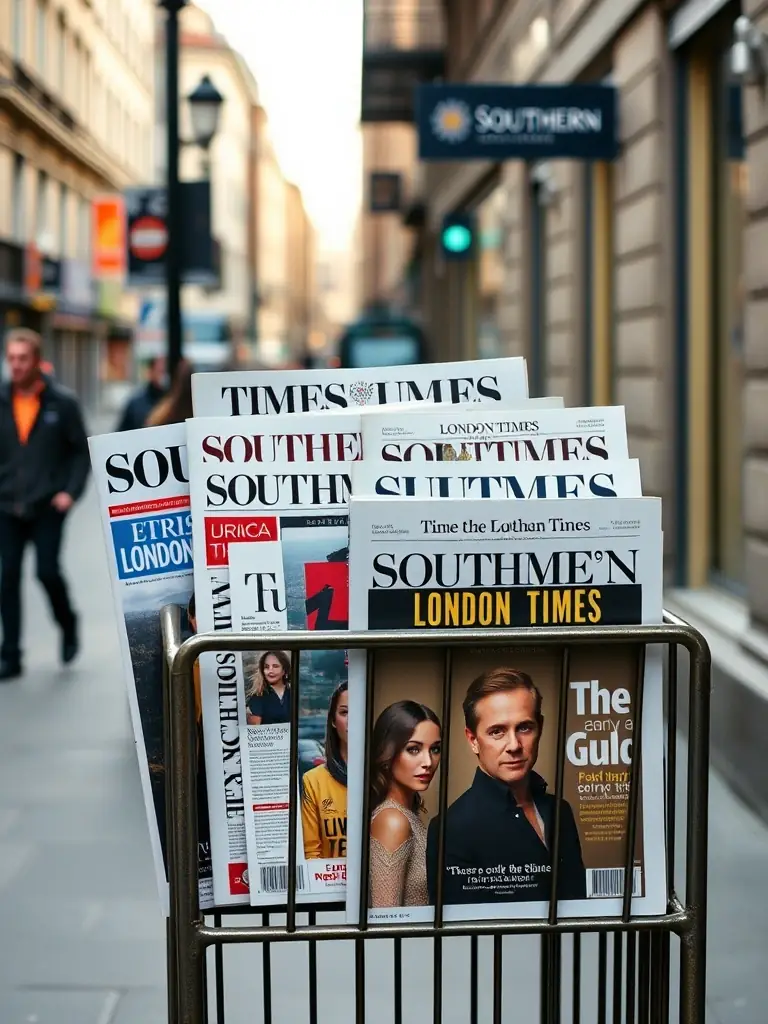 A photograph of various Southern and London Times magazine issues displayed on a newsstand, highlighting the magazine's consistent presence and availability to readers.
