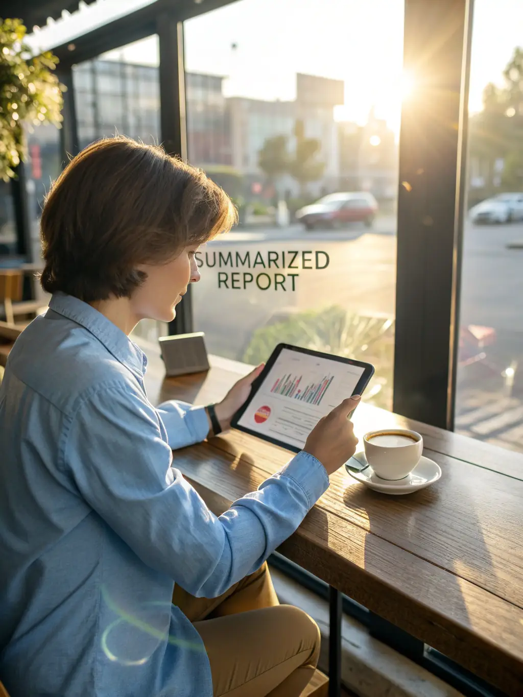 A close-up shot of a reader engrossed in reading Southern and London Times magazine in a sunlit cafe, showcasing their engagement with the content and the magazine's ability to capture attention.
