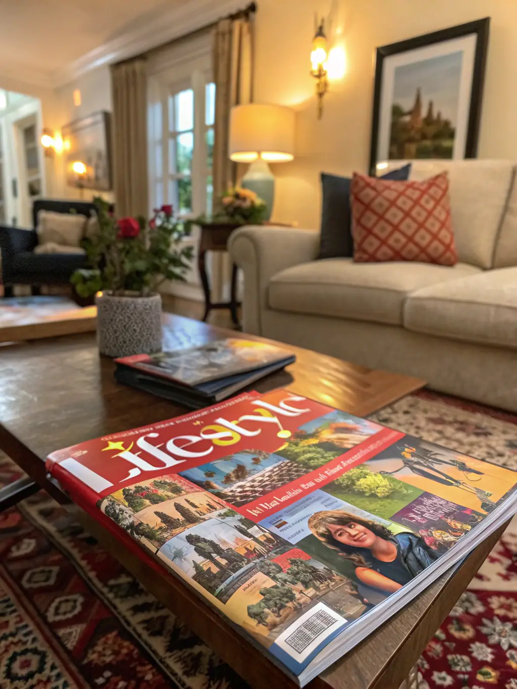 A high-quality photograph of a Southern and London Times magazine issue placed on a stylish coffee table in a modern living room, with a cup of coffee and a pair of reading glasses beside it, emphasizing the magazine's premium feel and integration into readers' lifestyles.